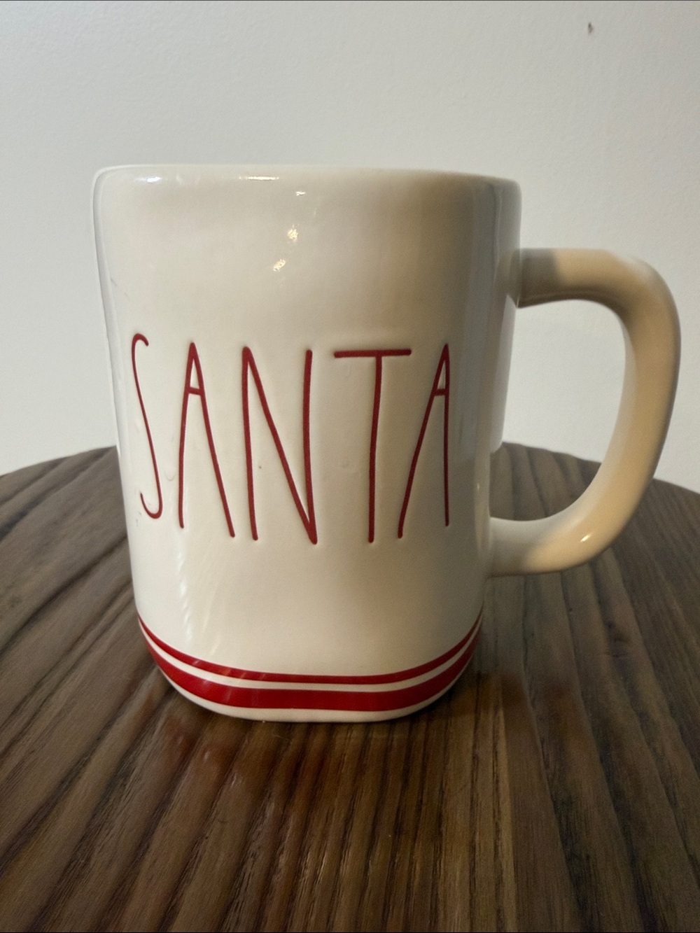 Rae Dunn White Mug with Red SANTA Lettering and Stripe